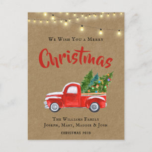 VINTAGE ROTE TRUCK WATERCOLOR RUSTISCHE CHRISTMAS FEIERTAGSPOSTKARTE