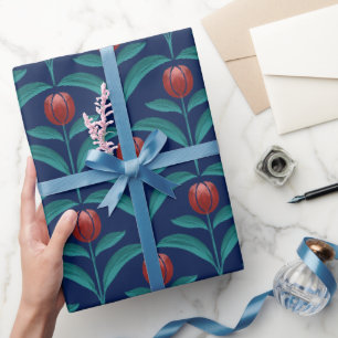 Vintage Rote Tulpe Navy Geschenkpapier   Volkskuns