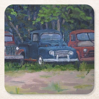 Vintage rote und blaue LKWs, Originalgemälde Rechteckiger Pappuntersetzer