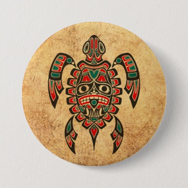 Vintage rote und grüne Haida-Geist-Seeschildkröte Button (Vorderseite)