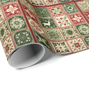 Vintage rote und grüne Quilt-Quadrate Weihnachten Geschenkpapier