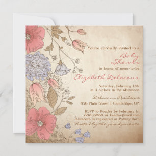 Vintage rote und violette Blumen Baby Shower Einladung