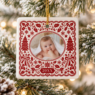 Vintage rote Weihnachts-Spitze als Erinnerung für  Keramikornament