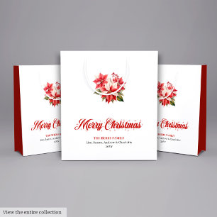 Vintage Rote Weiße Poinsettie Festliche Weihnachts Mittlere Geschenktüte