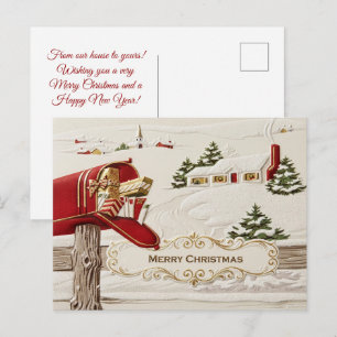 Vintage roter Briefkasten Winterdorf Postkarte