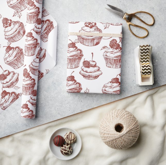 Vintage-Roter Cupcake-Weihnachten Geschenkpapier (Kunsthandwerk)