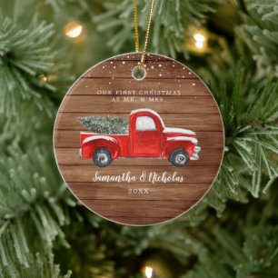 Vintage roter Farmtruck Erstes Weihnachten Herr Keramik Ornament