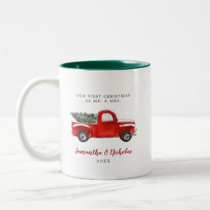 Vintage roter Farmtruck   Erstes Weihnachten Herr  Zweifarbige Tasse