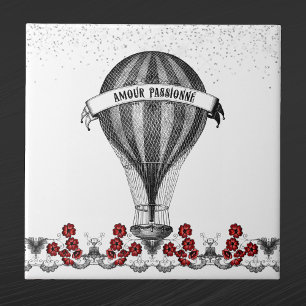 Vintage roter floraler Heißluftballon Fliese