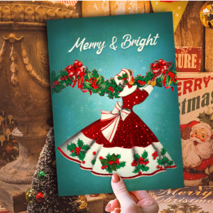 Vintage roter Glitter Retro-Weihnachtsgirl Feiertagskarte