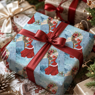 Vintage roter Glitter-Schnee-Weihnachtskranz Mädch Geschenkpapier