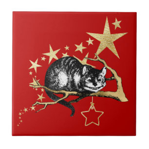 Vintage roter Gold Cheshire-Katze Stern Weihnachte Fliese