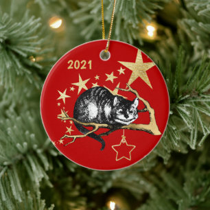 Vintage roter Gold Cheshire-Katze Stern Weihnachte Keramik Ornament