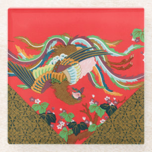 Vintage roter japanischer Phönix-Vogel Kunst G.A. Glasuntersetzer