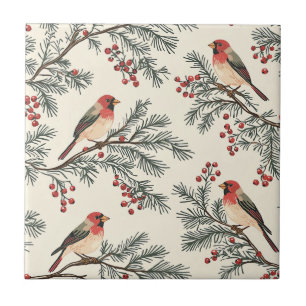 Vintage Roter Kardinal Kiefern-Beeren-Creme-Weihna Fliese