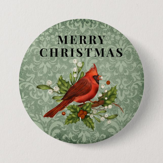 Vintage Roter Kardinalvogel Frohe Weihnachten  Button (Vorderseite)