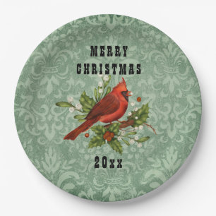 Vintage Roter Kardinalvogel Frohe Weihnachten Pappteller