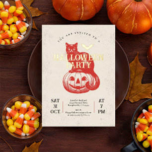 Vintage roter Kürbis und Katze Halloween-Party Gol Folieneinladung