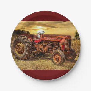 Vintage roter Landtraktor Pappteller