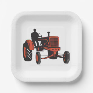 Vintage roter Landwirtstraktor Retro-Landwirt Pappteller
