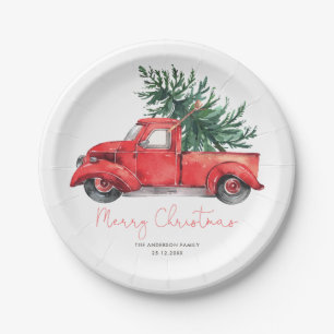 Vintage-Roter-LKW-Frohe-Weihnachtsfeier Pappteller