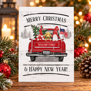 Vintage roter LKW-Gnom-Hund-Paar patriotischer Wei Feiertagskarte