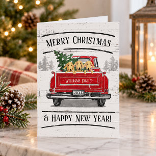 Vintage-Roter-LKW-Hunde-Weihnachtsbaum-Familie Feiertagskarte