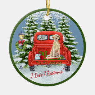 Vintage roter LKW Lab Retriever Schnee Familiennam Keramik Ornament