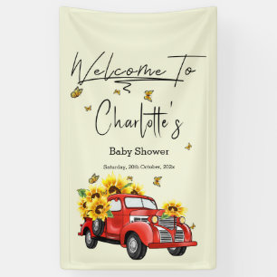 Vintage roter LKW mit Sonnenblumen-Baby-Party Banner