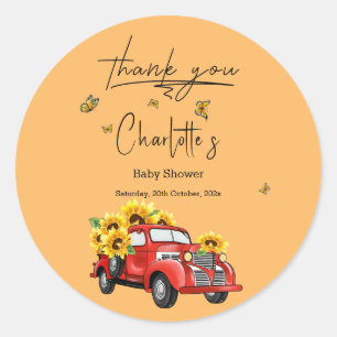 Vintage roter LKW mit Sonnenblumen-Baby-Party Runder Aufkleber