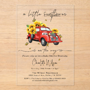Vintage roter LKW mit Sonnenblumen Baby Shower Acryleinladungen