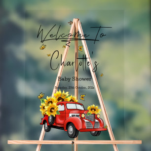 Vintage roter LKW mit Sonnenblumen Baby Shower Acrylschild