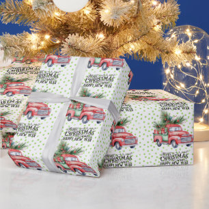 Vintage roter LKW mit Weihnachtsbaum Geschenkpapier