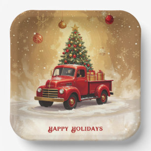 Vintage roter LKW mit Weihnachtsbaum-Papierteller Pappteller