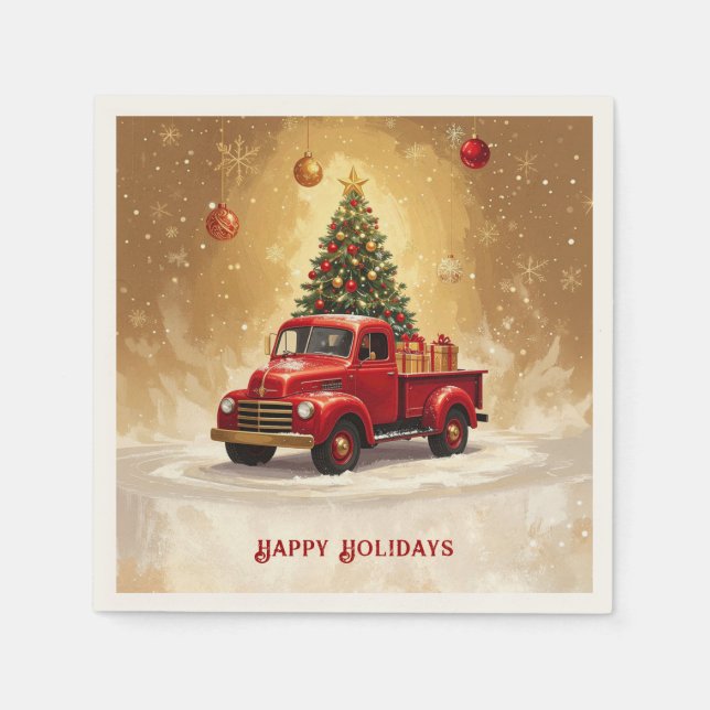 Vintage roter LKW mit Weihnachtsbaum Serviette (Vorderseite)