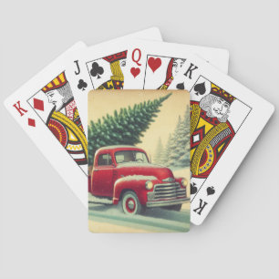 Vintage roter LKW mit Weihnachtsbaum Spielkarten