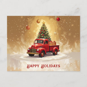 Vintage roter LKW mit Weihnachtsbaum und Geschenke Postkarte