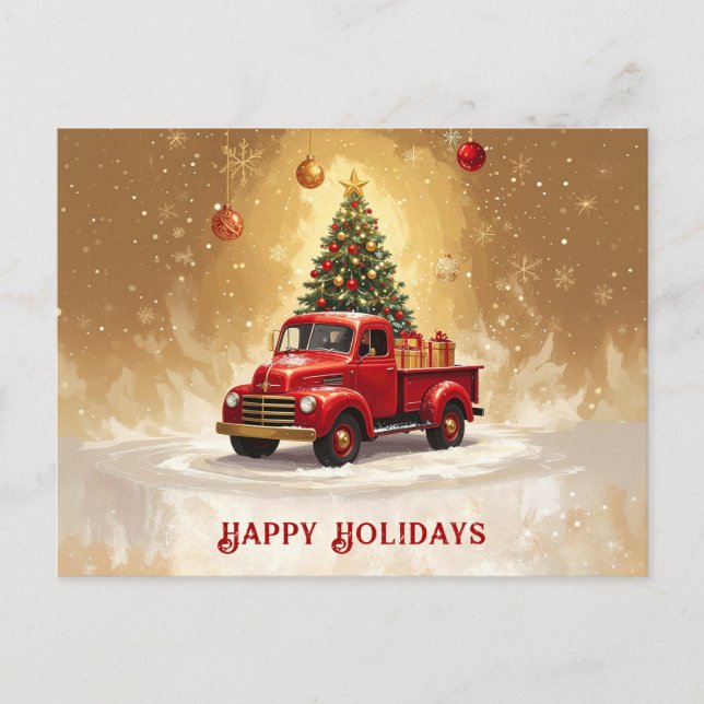 Vintage roter LKW mit Weihnachtsbaum und Geschenke Postkarte (Vorderseite)