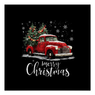 Vintage roter LKW Santa-Weihnachtsbaum Frohe Weihn Poster