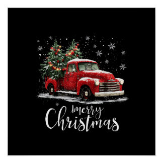 Vintage roter LKW Santa-Weihnachtsbaum Frohe Weihn Poster
