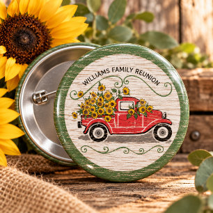 Vintage roter LKW Sonnenblumen rustikale Familienz Button