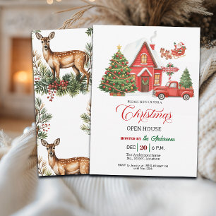 Vintage roter LKW und Haus Weihnachts-Open-House Einladung