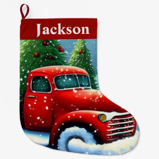 Vintage roter LKW und Weihnachtsbäume Süßer Schnee Großer Weihnachtsstrumpf