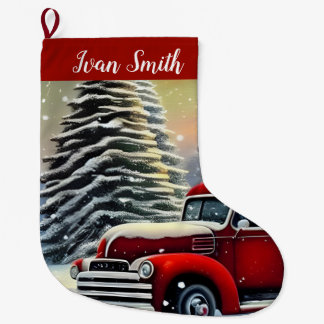 Vintage roter LKW und Weihnachtsbäume Süßer Schnee Großer Weihnachtsstrumpf