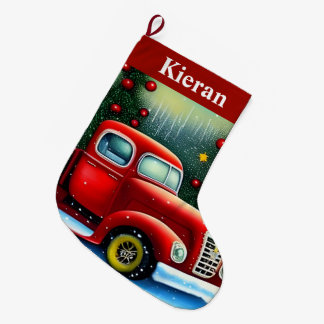 Vintage roter LKW und Weihnachtsbäume Süßer Schnee Großer Weihnachtsstrumpf