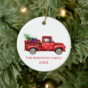 Vintage roter LKW Weihnachtsbaum Geschenke Familie Keramik Ornament