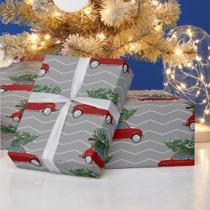 Vintage roter LKW-Weihnachtsbaum Grau Chevron Geschenkpapier