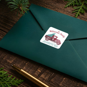 Vintage roter LKW-Weihnachtsbaum-Monogramm-Adresse Quadratischer Aufkleber