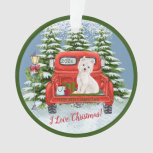 Vintage roter LKW Westie Schneebäume Familienname Ornament
