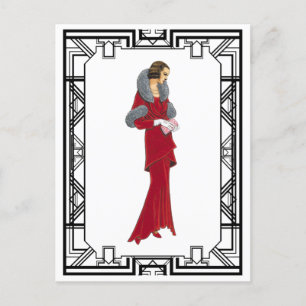Vintage roter Pelzmantel Retro-Mode-Illustration Postkarte